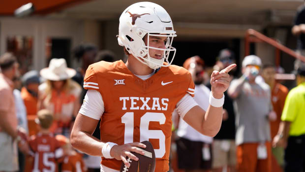 Sep 30, 2023; Austin, Texas, USA; Texas Longhorns quarterback Arch Manning (16) warms up before the game against the Kansas Jayhawks at Darrell K Royal-Texas Memorial Stadium. Mandatory Credit: Scott Wachter-USA TODAY Sports  